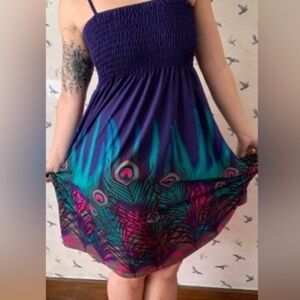 Peacock Feather Print Dress Purple & Teal M/L Boho Festival Holiday Midi Straps